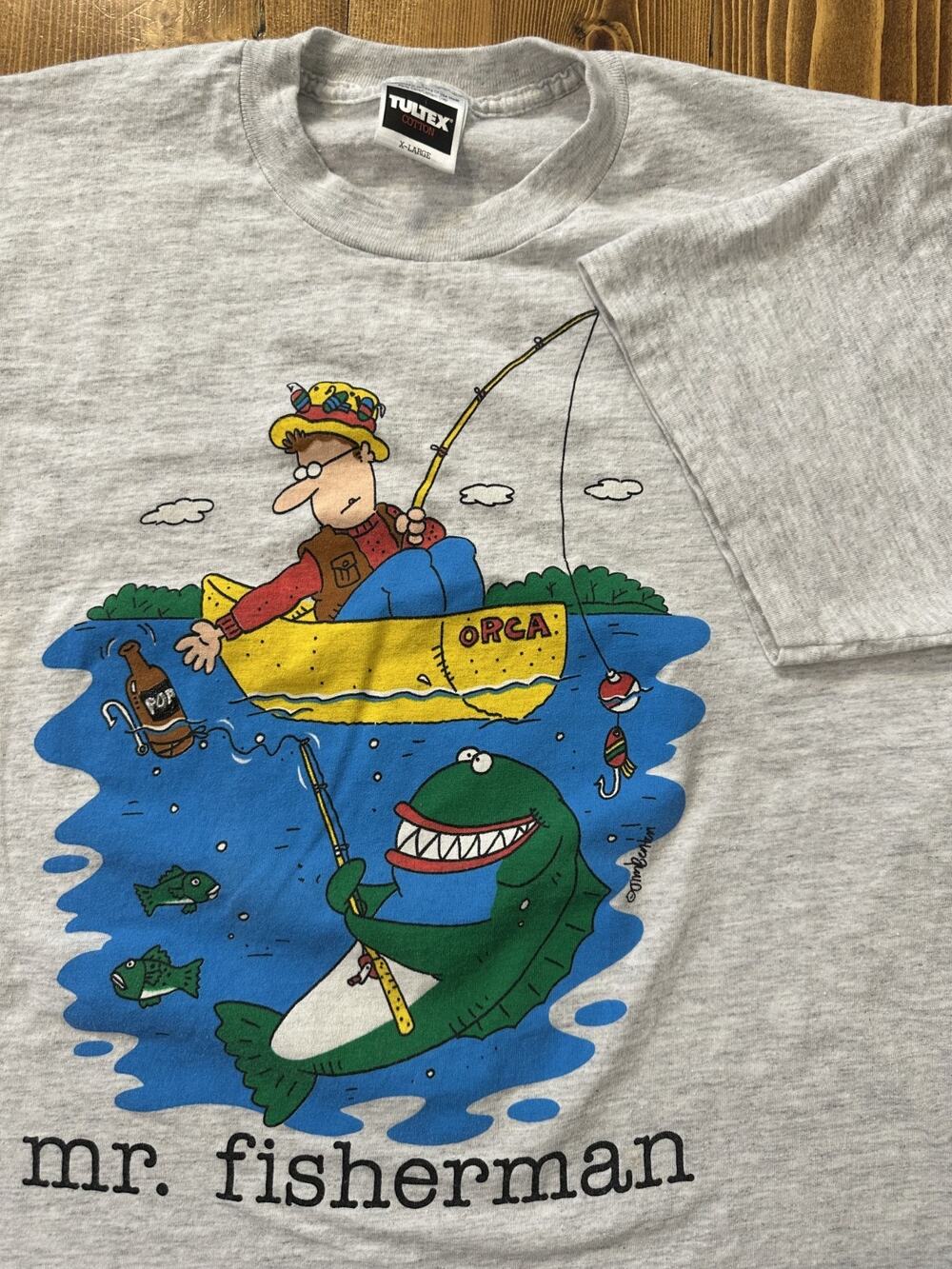 Vintage 90s Mr Fisherman Cartoon Comedy Funny T-Shirt USA Made Single Stitch XL